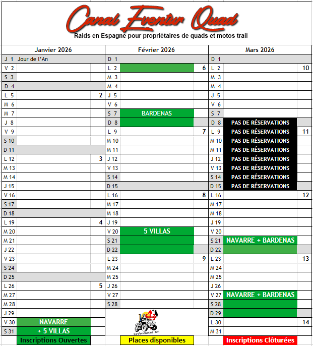 Canal Eventur Quad Calendrier 2026 - trimestre 1