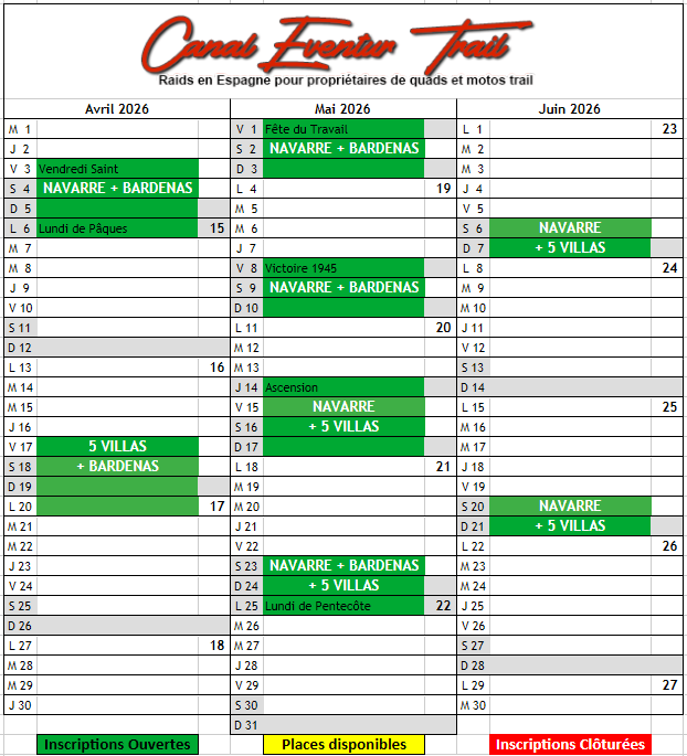Canal Eventur Quad Calendrier 2026 - trimestre 2