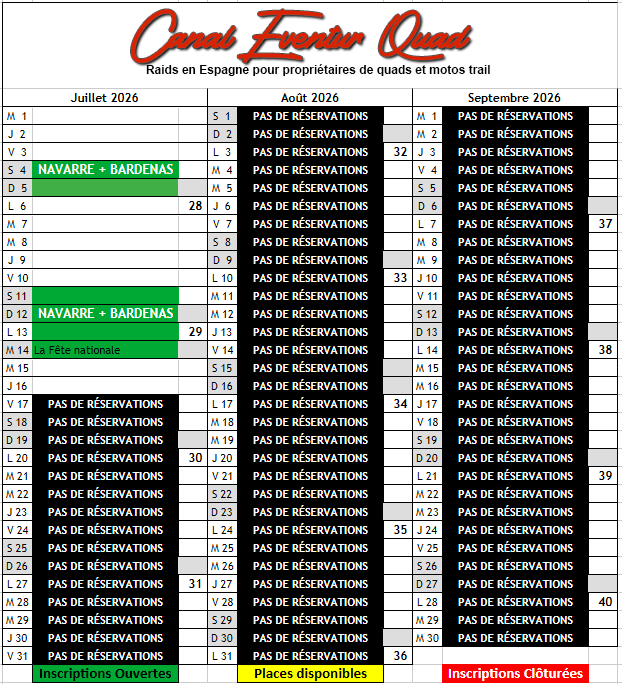 Canal Eventur Quad Calendrier 2026 - trimestre 3