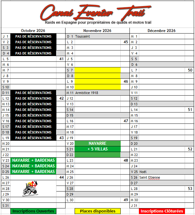 Canal Eventur Quad Calendrier 2026 - trimestre 4